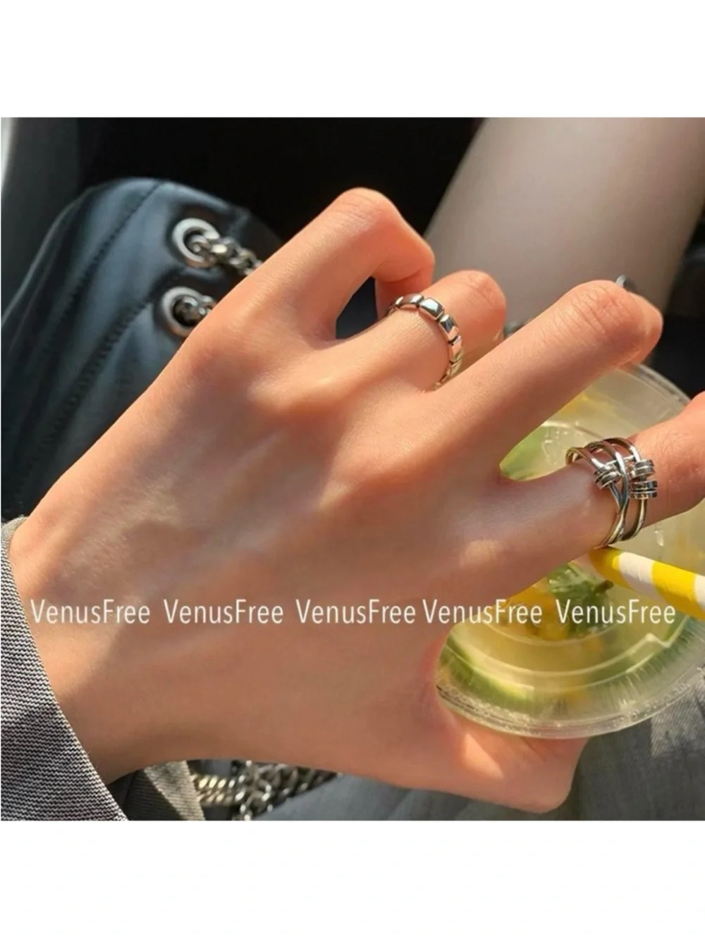 VenusFree S925 Minimalist Silver Tile Band Ring | Geometric Stack Ring